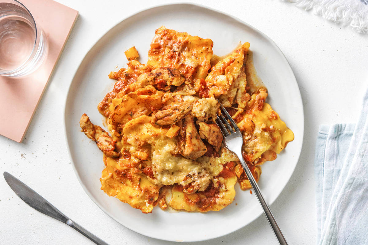 Ravioli uit de oven met kippendijreepjes