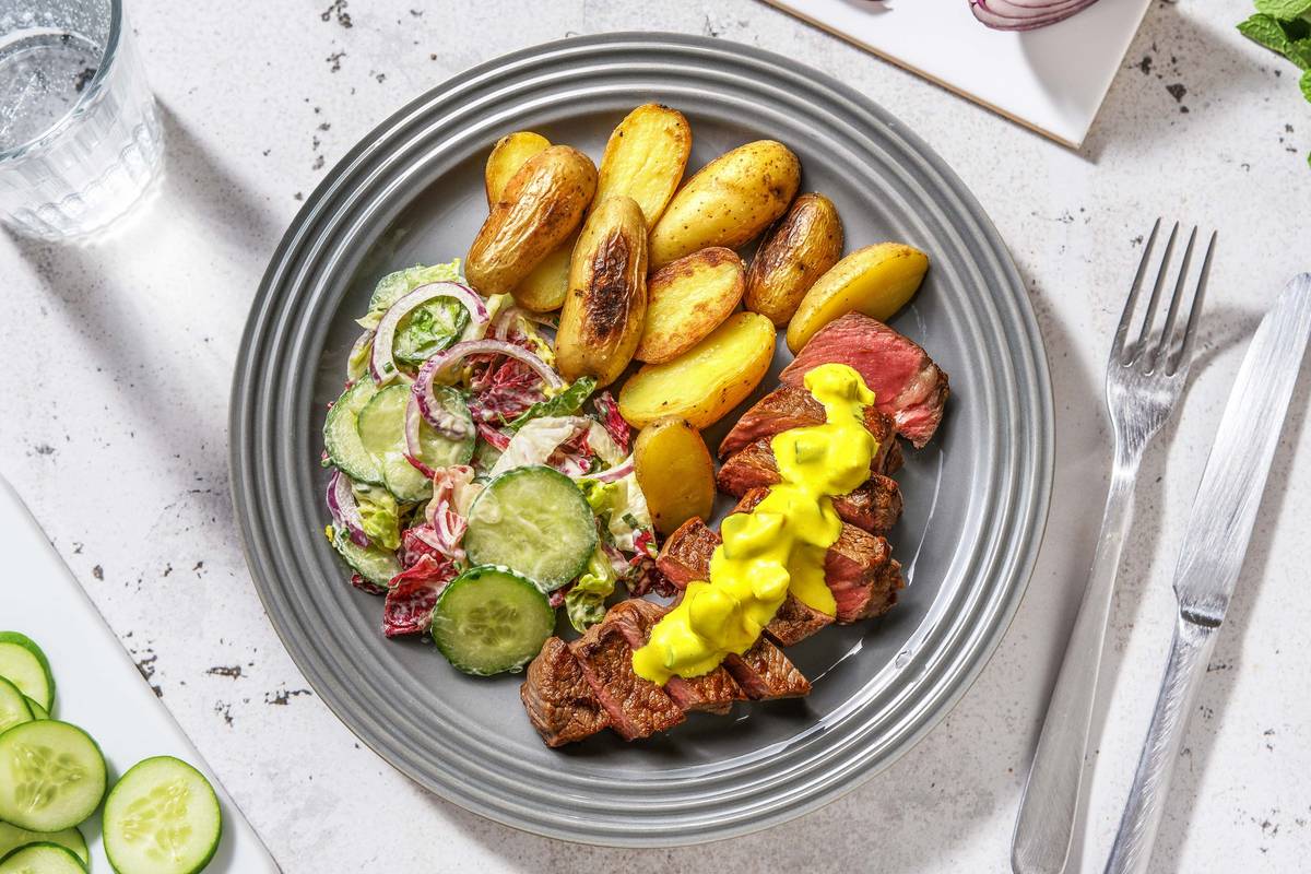 Steak au piccallili et grenailles rissolées