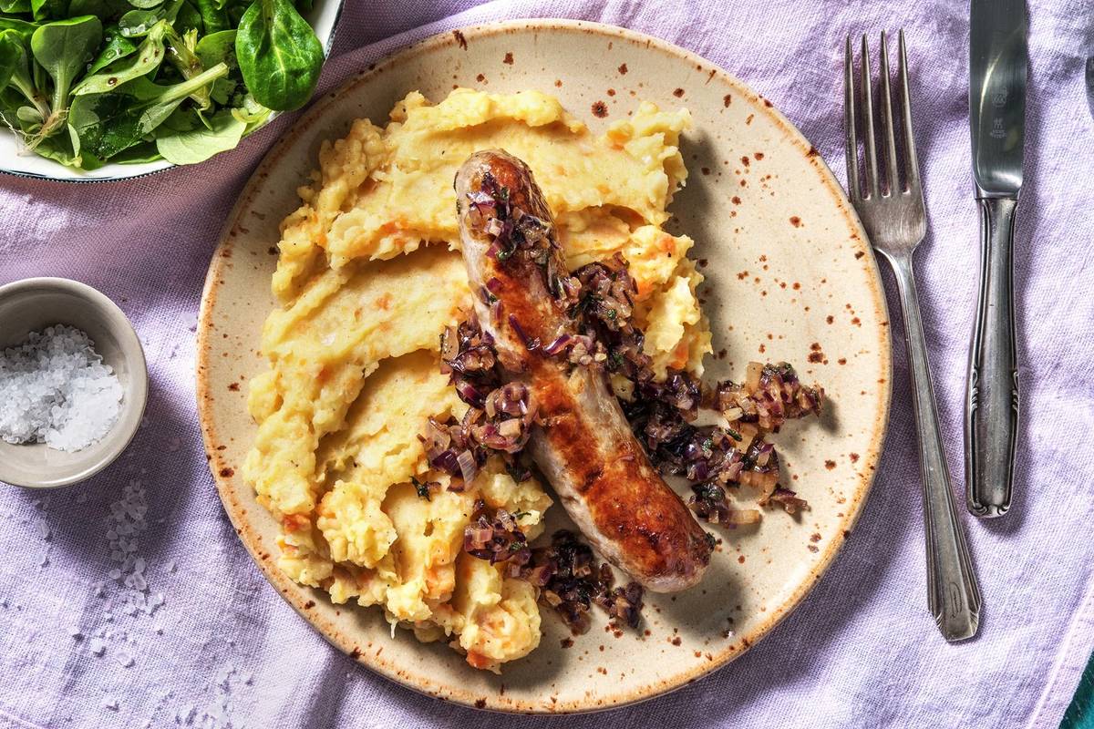 Purée de céleri-rave et carotte et saucisse de porc