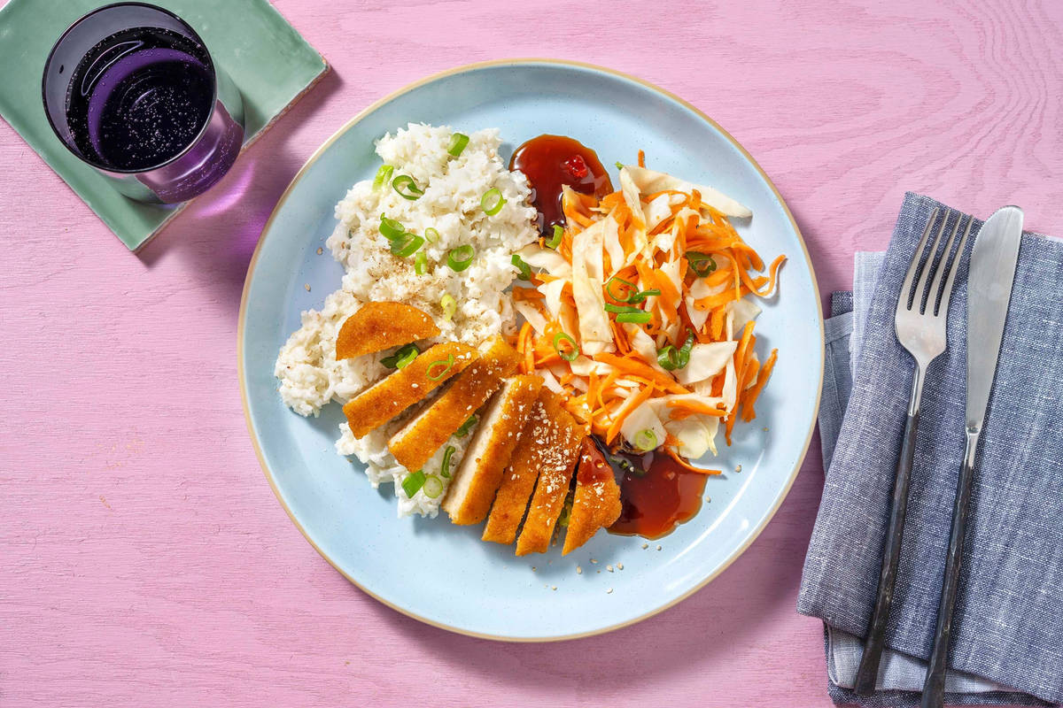 Salade de riz en vinaigrette au sésame et gingembre et escalope végétarienne