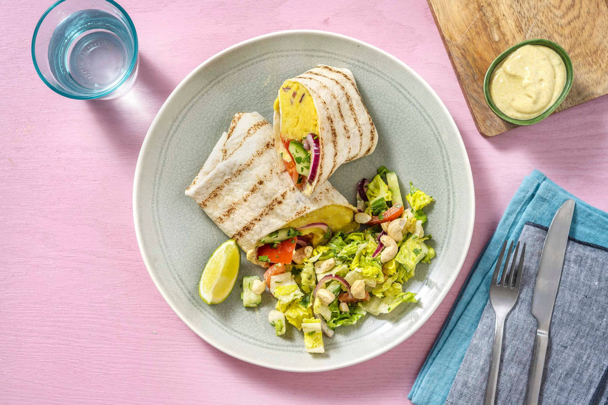 Bombay Burrito mit Kartoffelfüllung und Aprikosendip