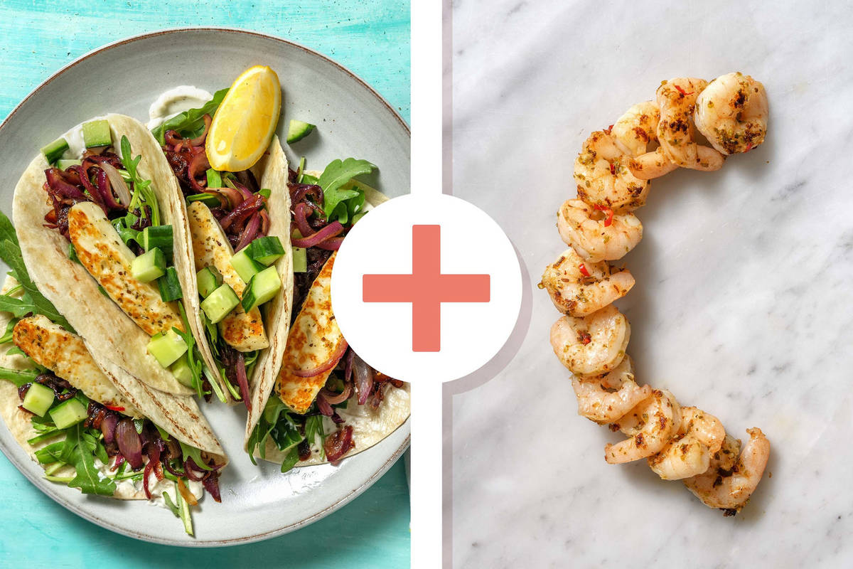 Würzig-feurige Halloumi-Tacos mit extra Garnelen