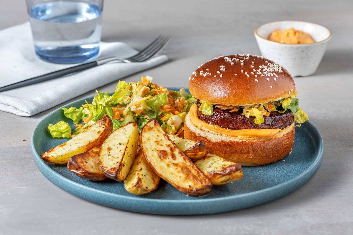 Teriyaki-Burger mit Sriracha-Dip