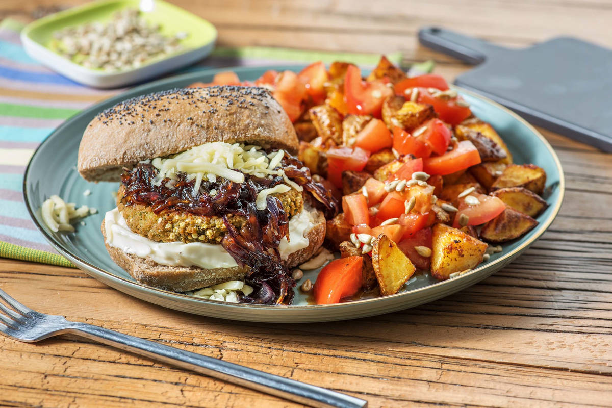 Burger de carotte et courge sur petit pain aux graines de pavot