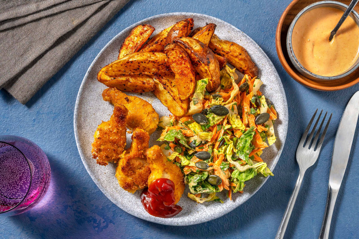 Vegane Wings mit Sriracha-Dip und Karotten-Slaw