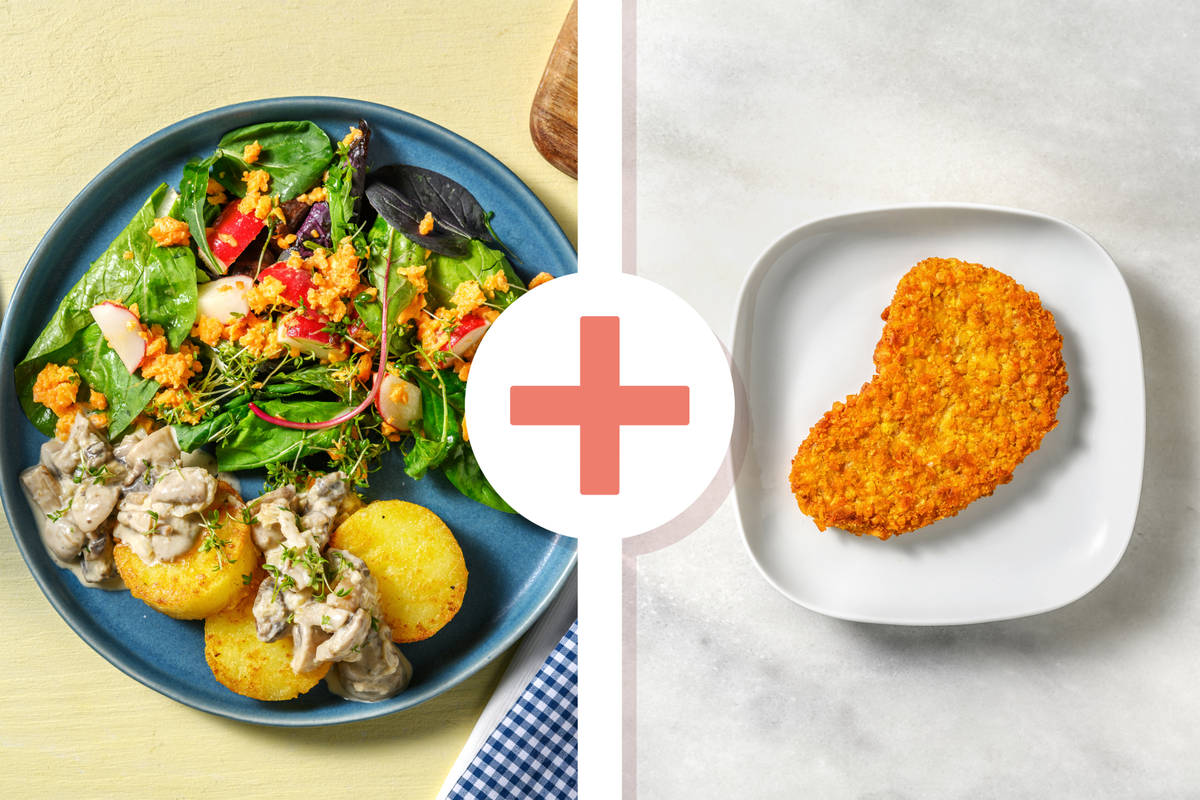 Knödeltaler mit Pilzrahm und veganem Schnitzel