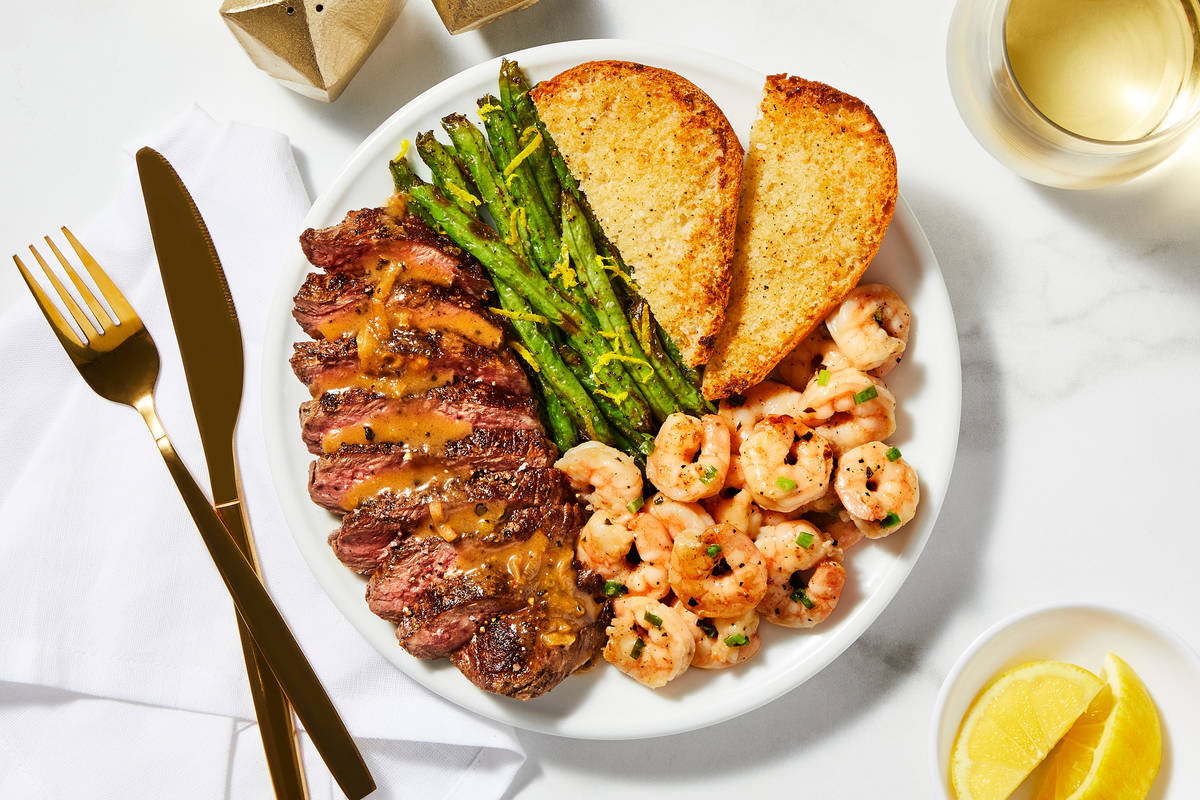Sirloin au Poivre & Garlic Herb Shrimp