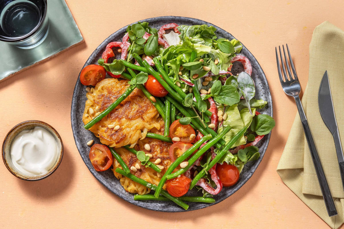 Rösti mit Buschbohnen und Schmelztomaten