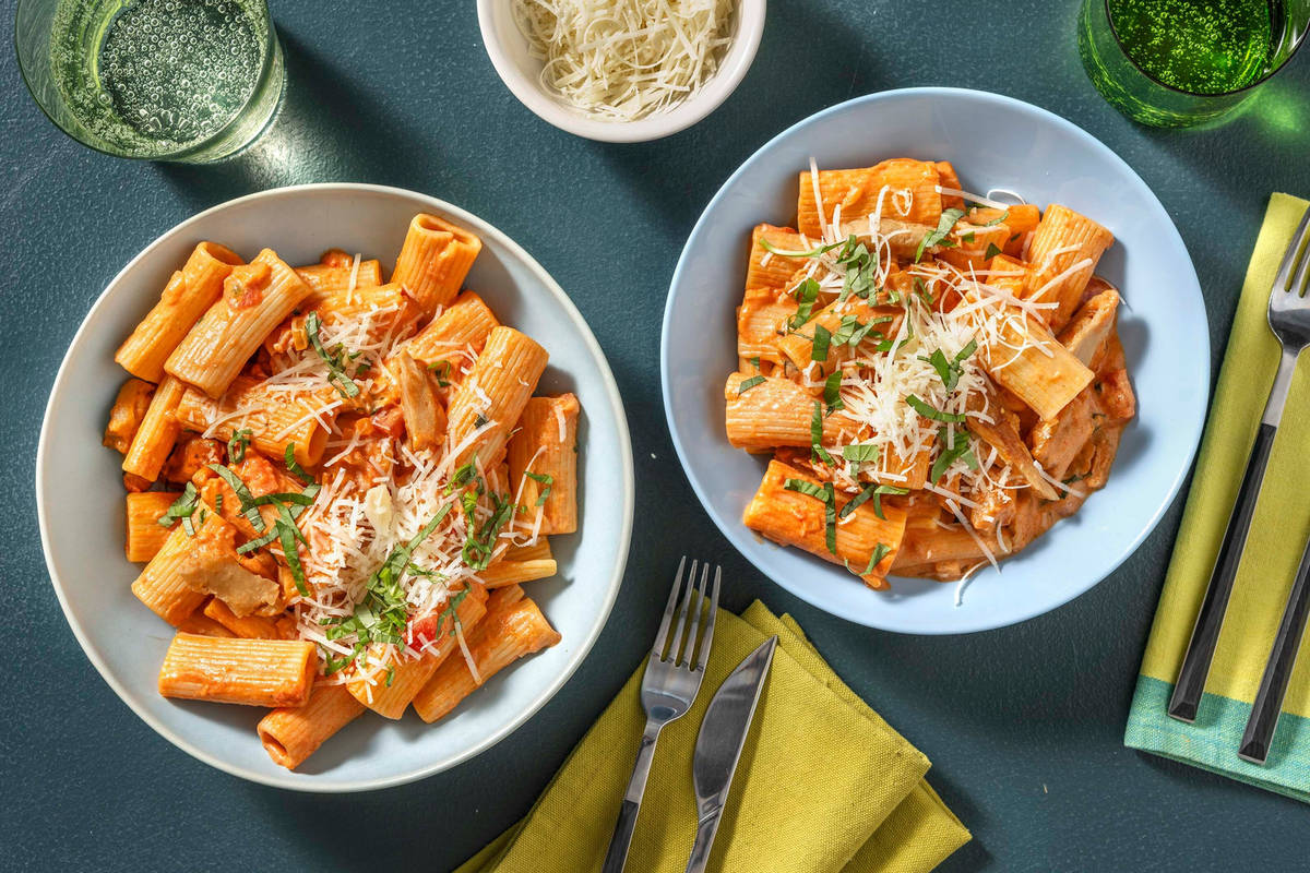 Romige rigatoni met vegetarische kipstukjes