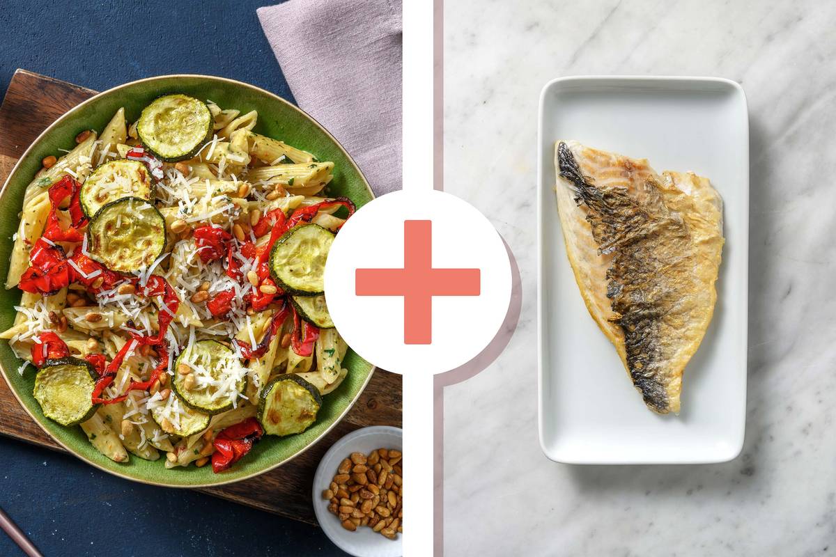 Penne mit Basilikumsoße und extra Doradenfilet