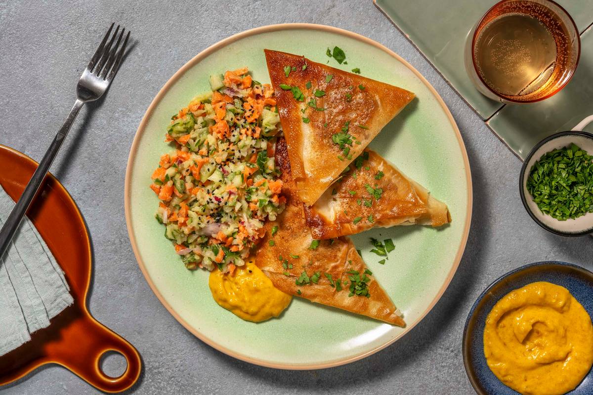 Filo-Samosas mit würziger Kichererbsen-Füllung