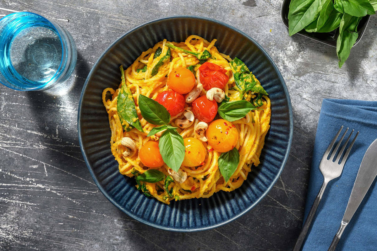 Spaghetti mit scharfer Süßkartoffel-Cashew-Soße
