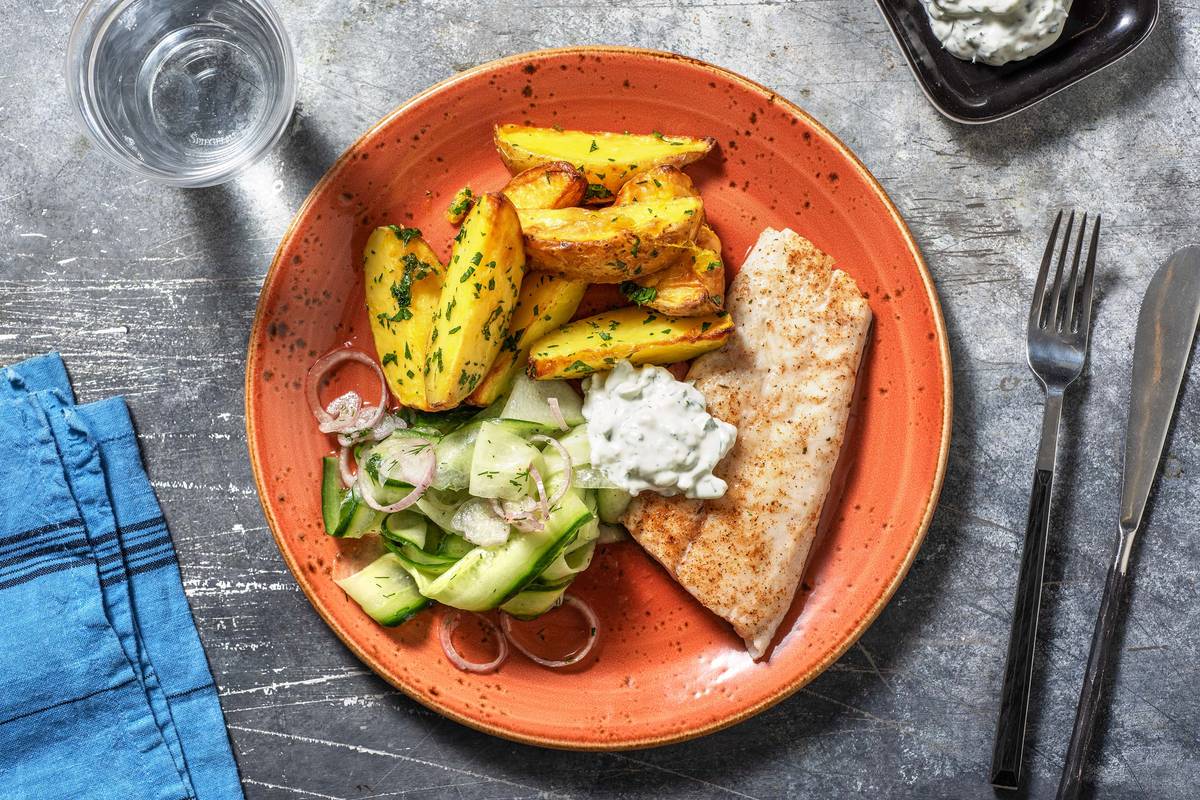 Souflaki-Seehecht mit Zitronenkartoffeln