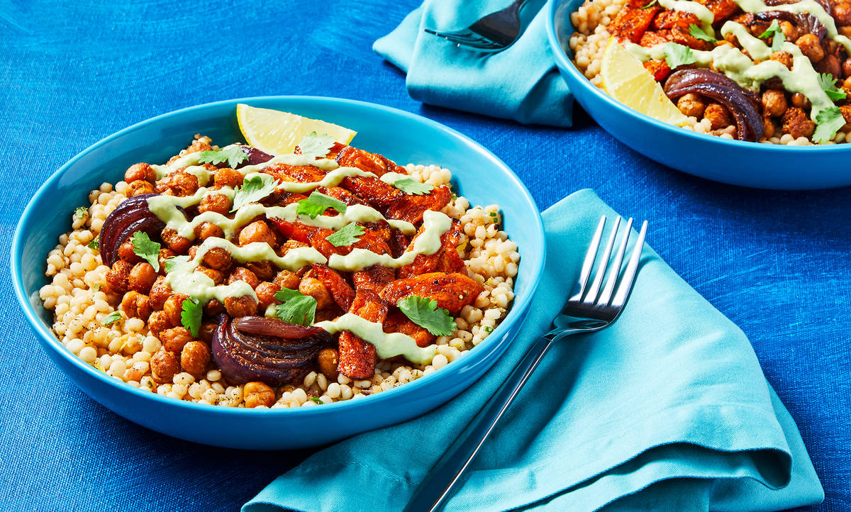 Harissa-Roasted Chickpea & Chicken Bowls