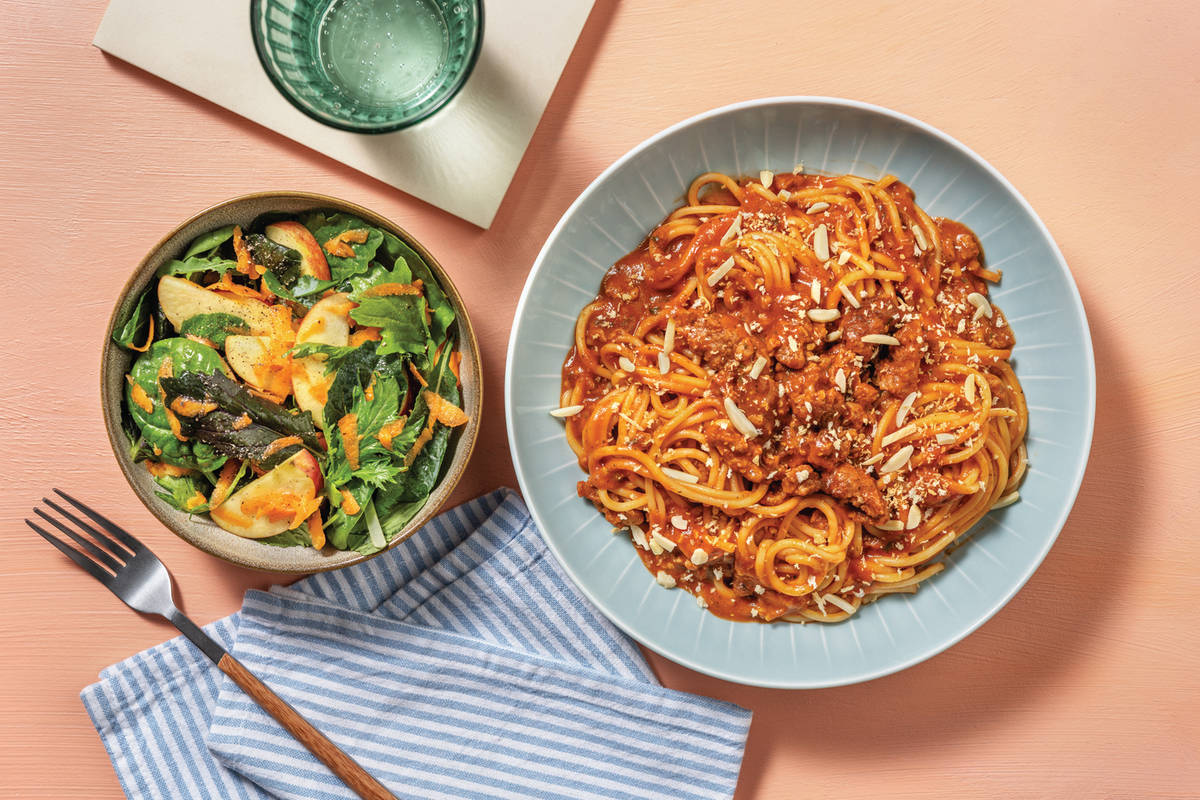 Plant-Based Mince & Basil Pesto Spaghetti