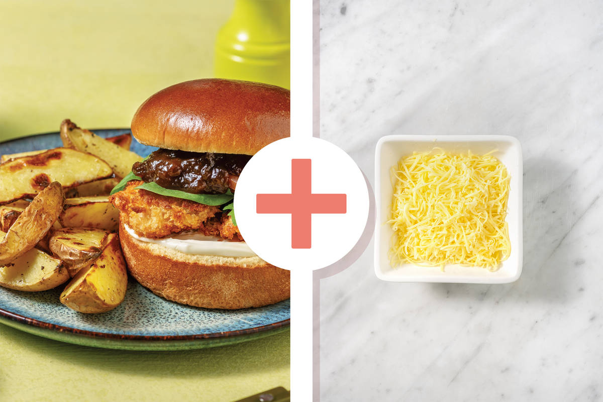 Plant-Based Crumbed Chick'n Burger & Cheesy Wedges
