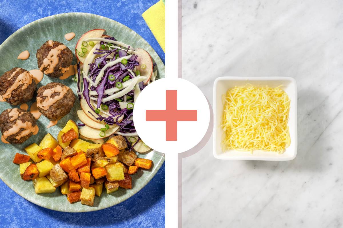 Cheesy Beef Rissoles & Cheesy Roasted Veggie Chunks