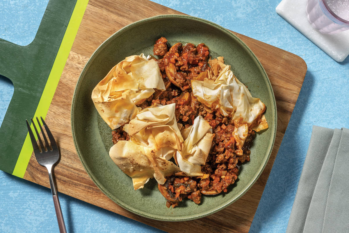 Easy Venison & Beef Bolognese Filo Pie