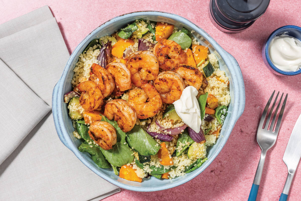 Easy Spiced Prawns & Roast Veggie Couscous Salad