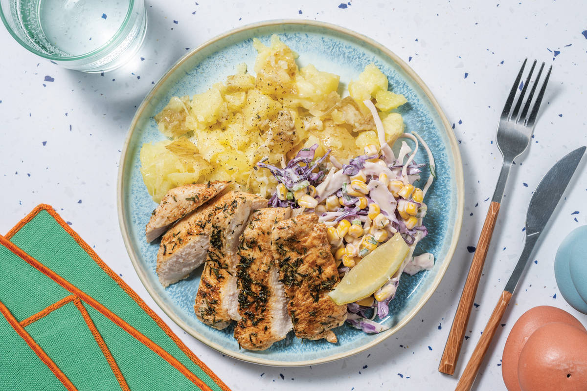 Quick Louisiana Chicken & Cheesy Lemon Crushed Potatoes