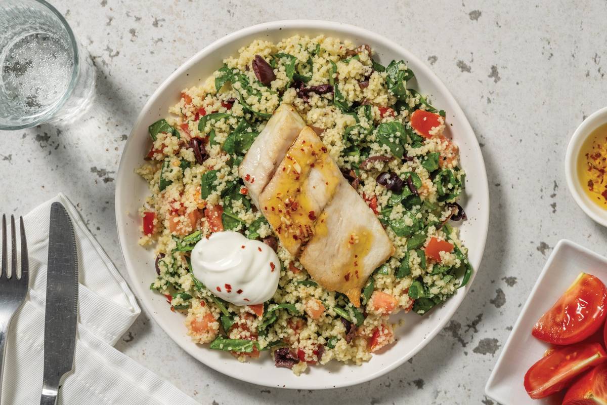 Double Garlic-Chilli Barramundi & Olive Couscous Salad
