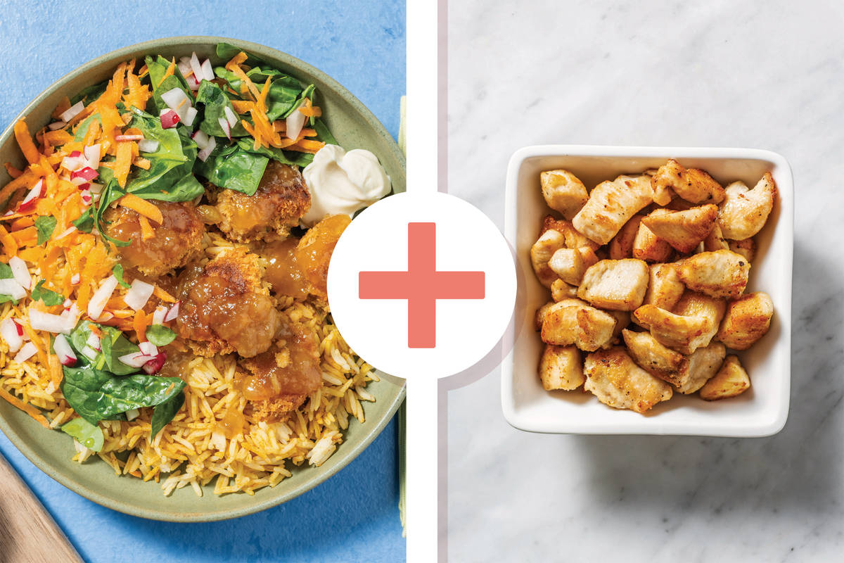 Apricot-Glazed Falafels, Chicken & Chermoula Rice Bowl