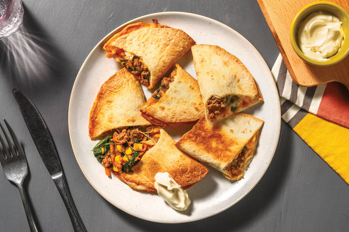 Southern Cheesy Pork & Veggie Quesadillas