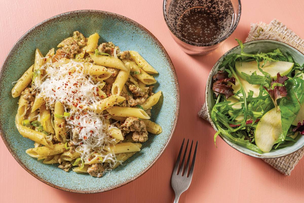 Hearty Pork & Basil Pesto Penne with Apple Salad & Parmesan
