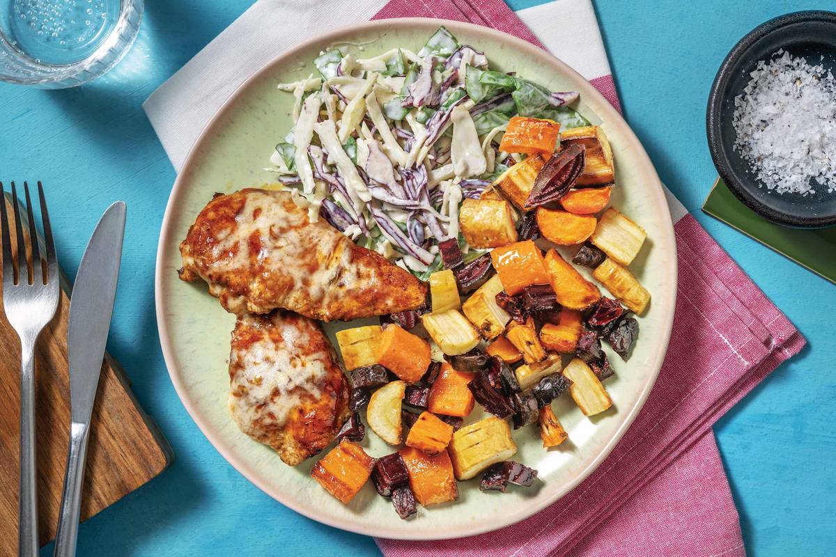 Cheesy BBQ Chicken & Roast Veggies