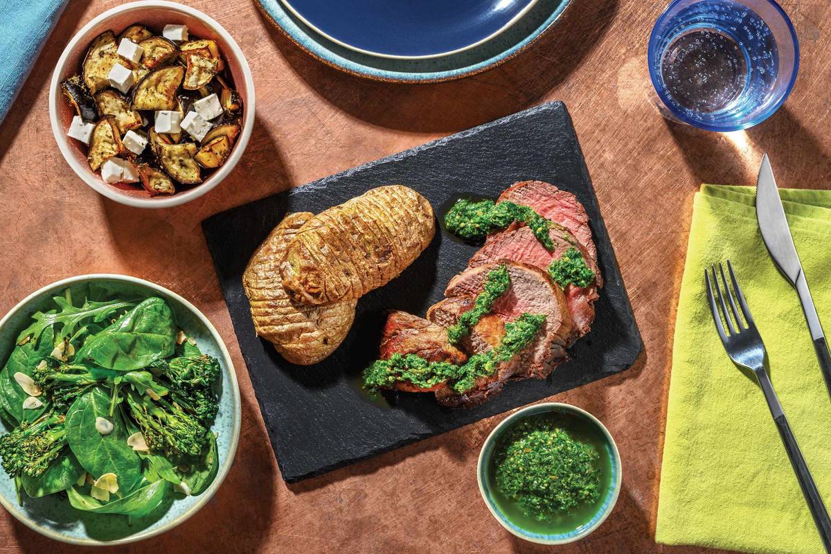 Chimichurri Sirloin & Hasselback Potatoes