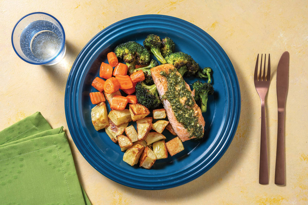 Spiced Salmon & Potato Chunks with Roast Veggies & Basil Pesto
