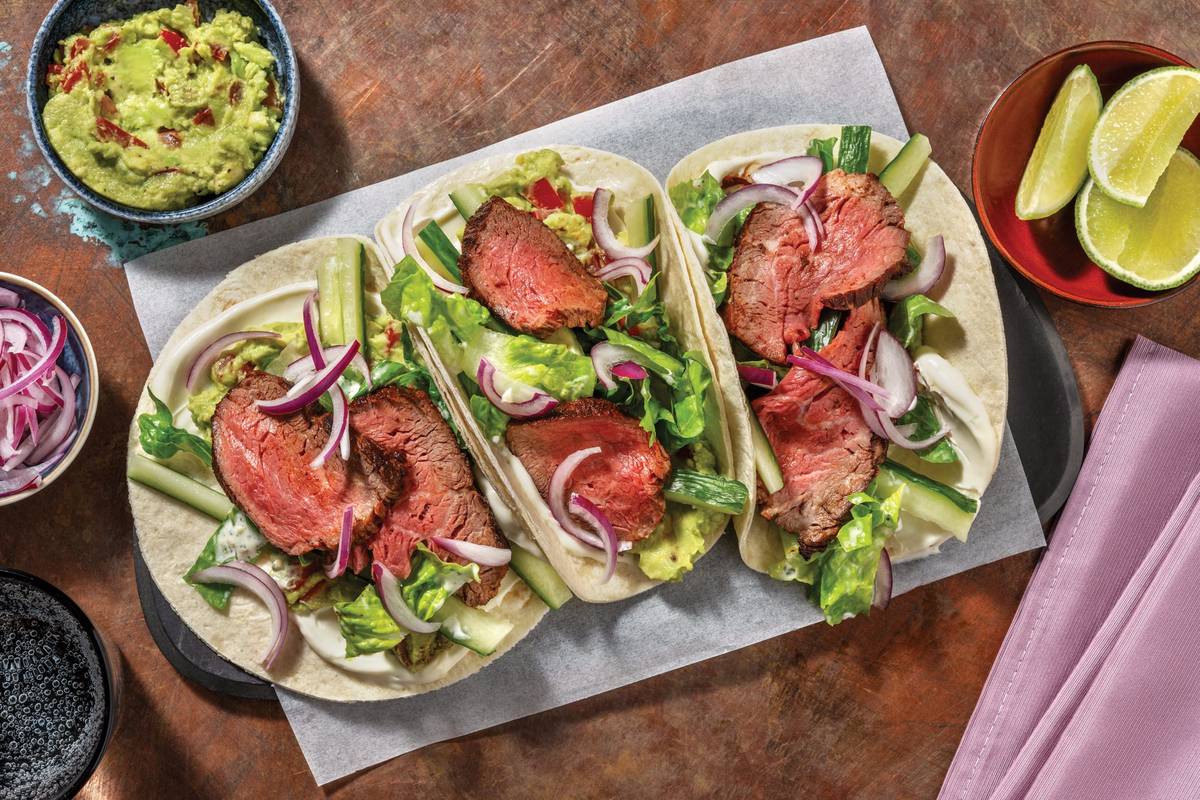 Seared Beef Steak Tacos & Guacamole