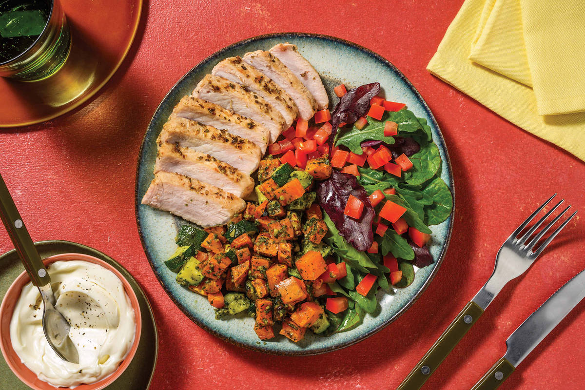 Garlic-Herb Pork Steak & Pesto Roast Veggies