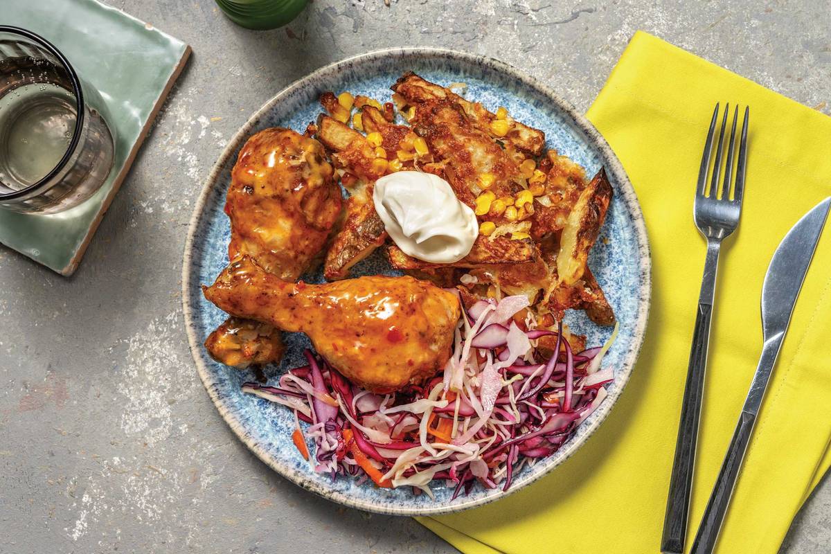 Easy Portuguese Chicken Drumsticks & Cheesy Fries