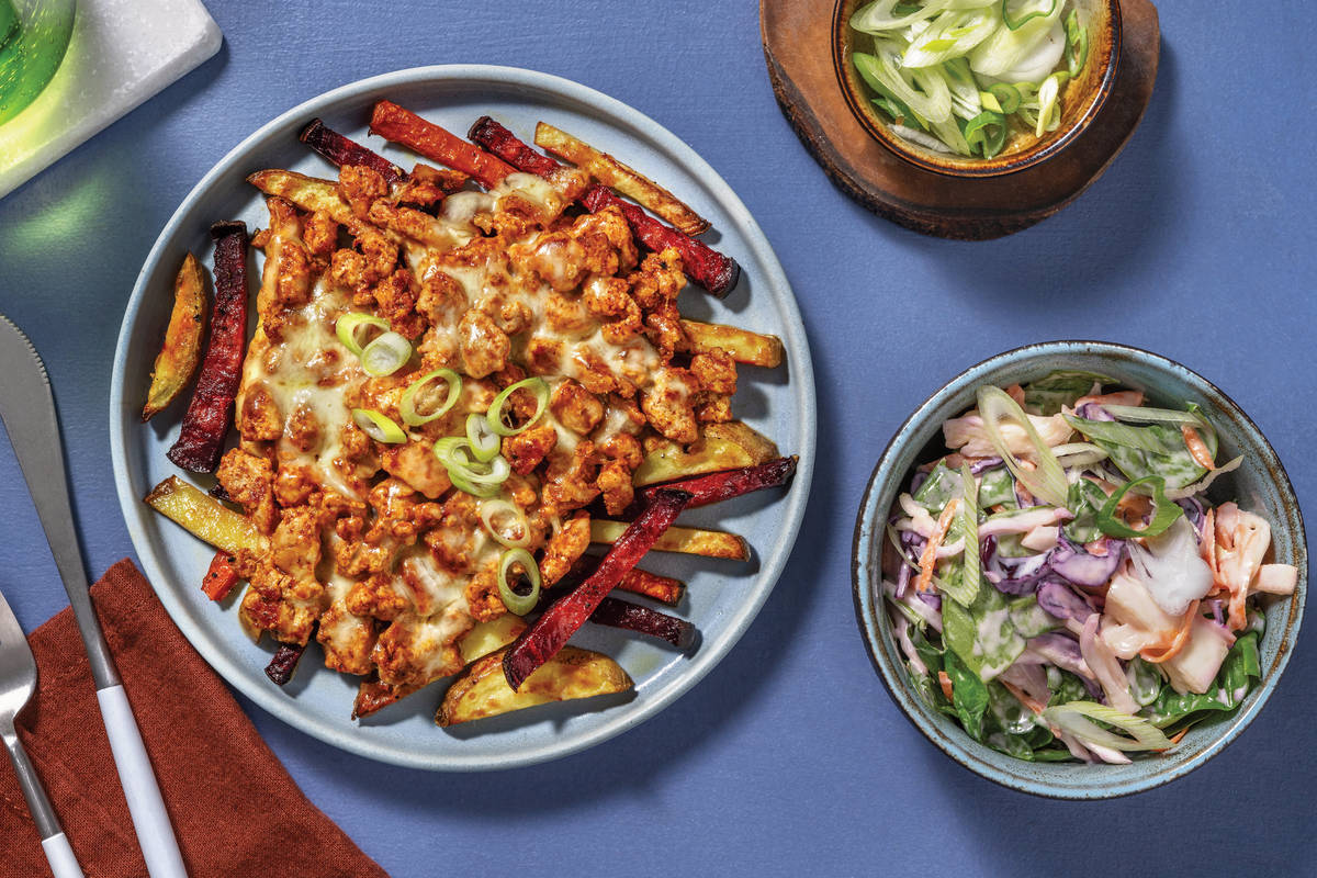 BBQ Sriracha Pork & Rainbow Veggie Fries