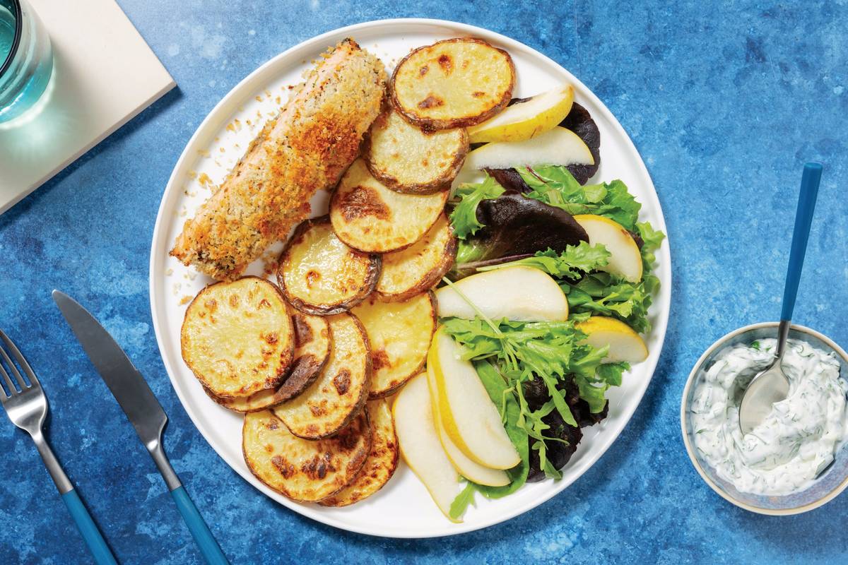 Crumbed Salmon & Golden Potato Rounds