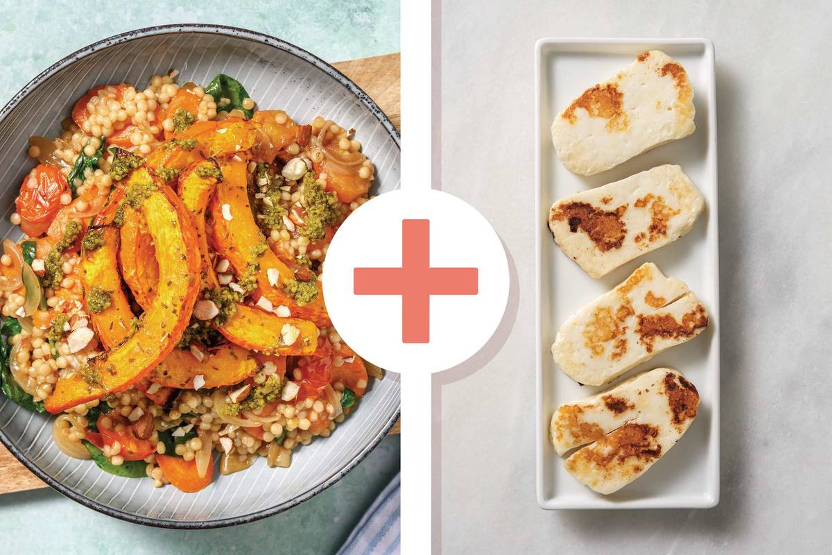 Garlicky Pumpkin, Haloumi & Veggie Pearl Couscous