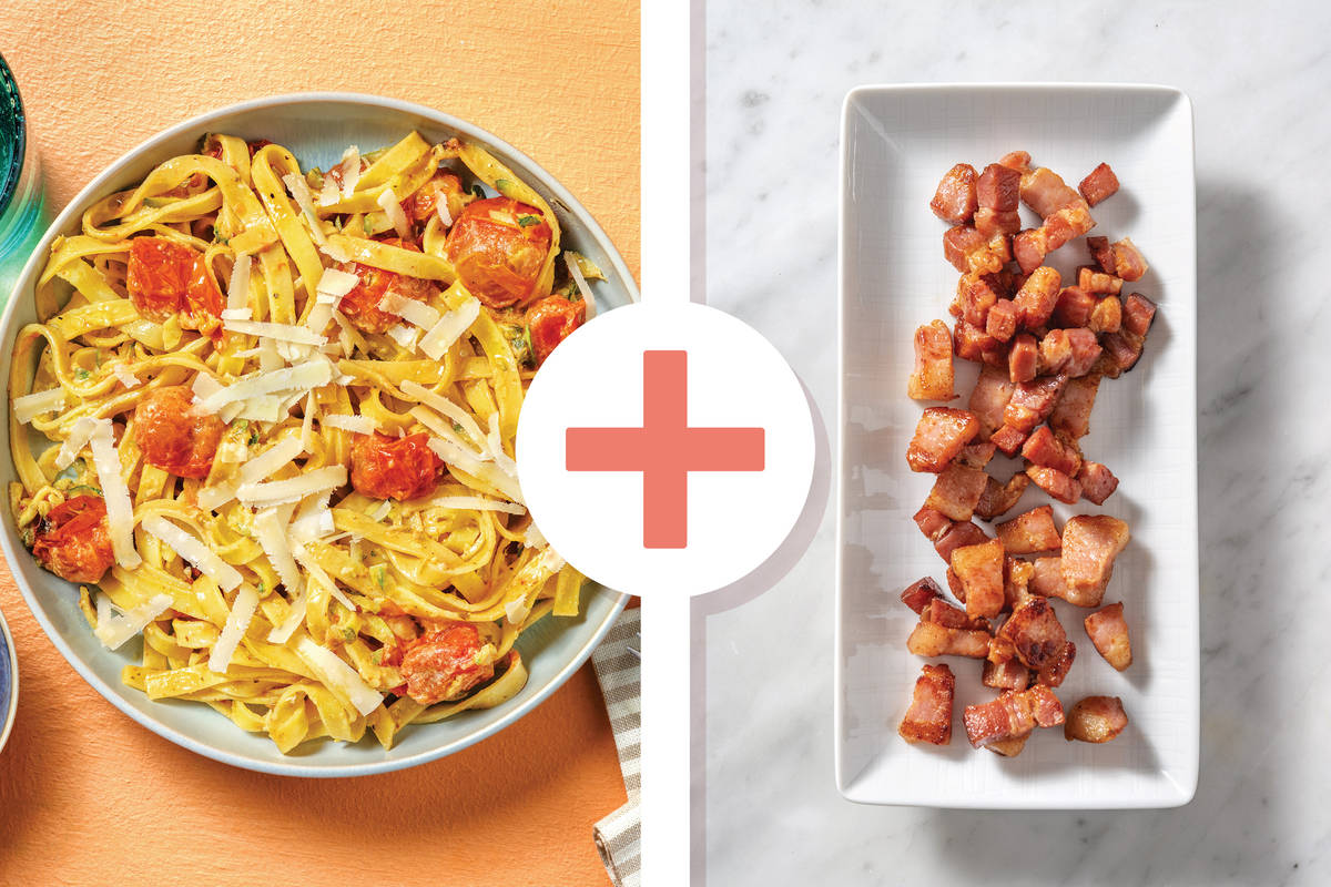 Creamy Pesto Bacon & Cherry Tomato Fettuccine