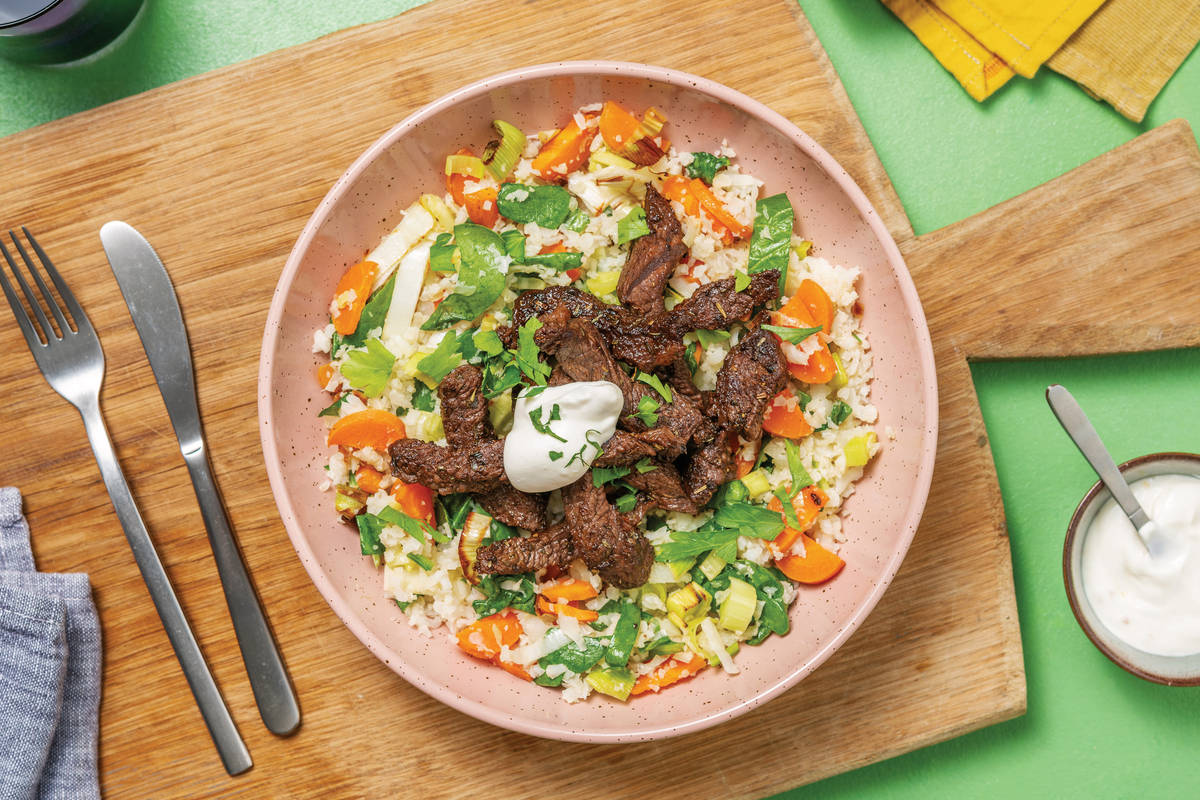 Herby Beef & Roast Veggie Cauliflower Rice