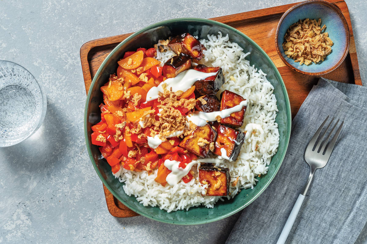 Sticky Tofu & Garlicky Veg Rice Bowl