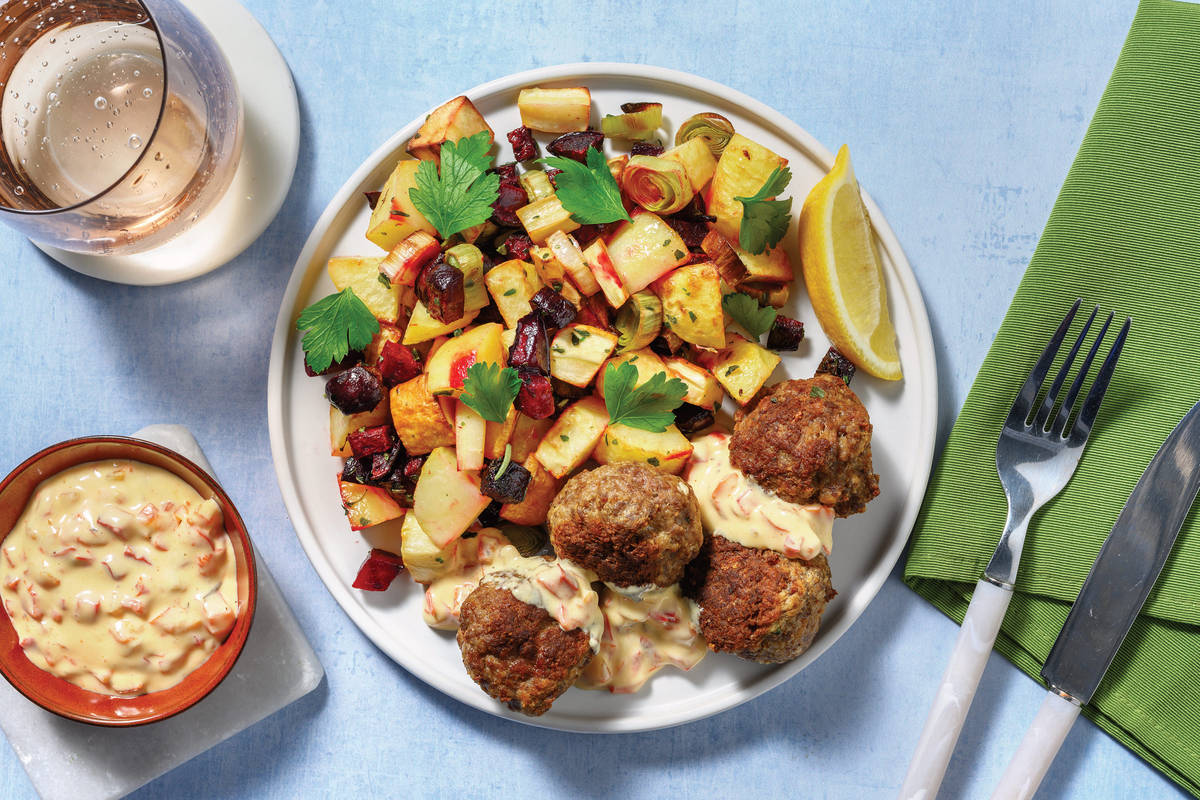 Lamb Meatballs & Lemony Roast Veggie Toss