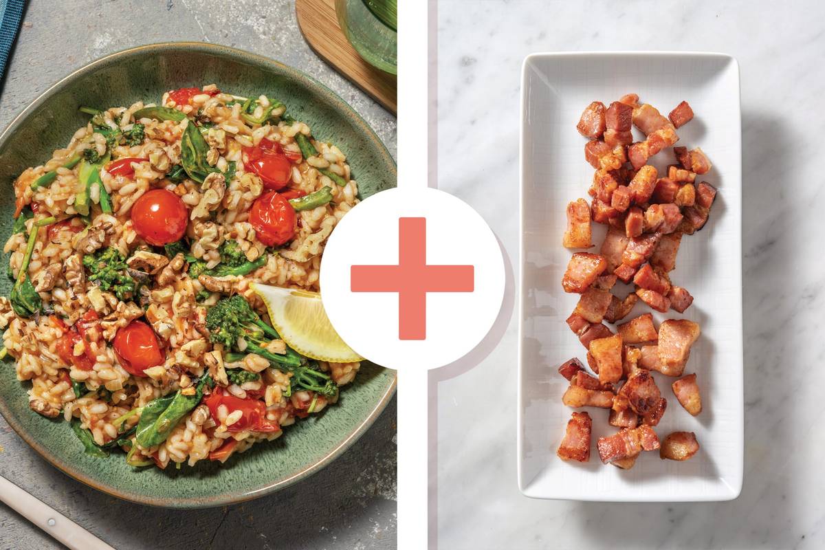 Baked Baby Broccoli, Bacon & Pesto Risotto