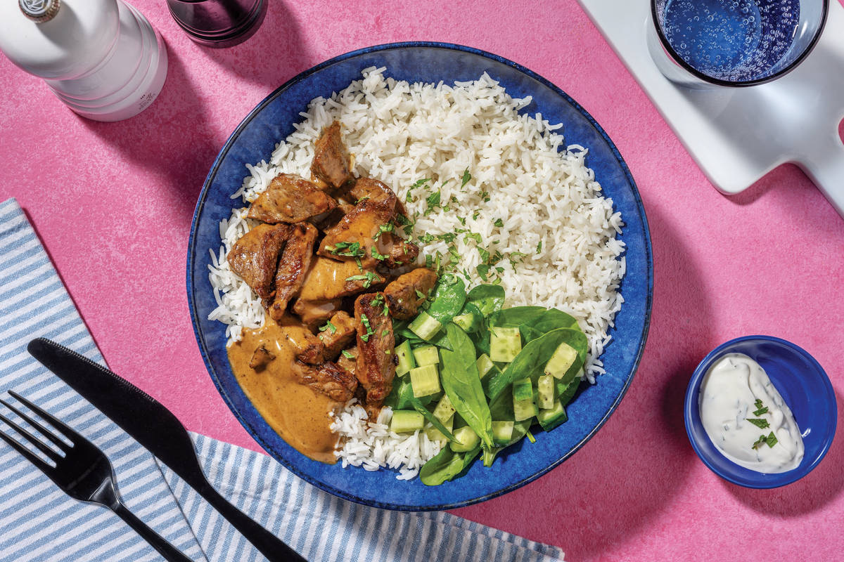 Indian Coconut Beef & Garlic Rice Bowl