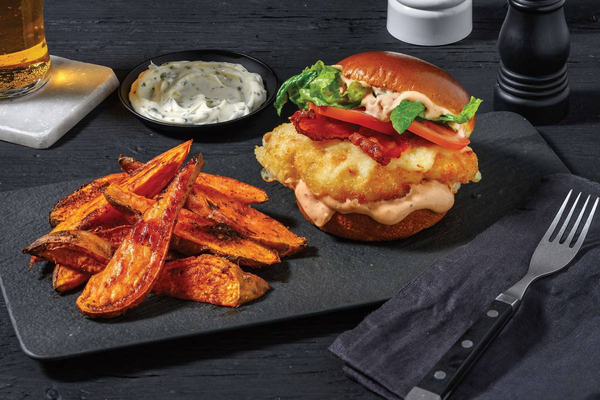 Chicken Schnitzel & Caramelised Bacon Burger