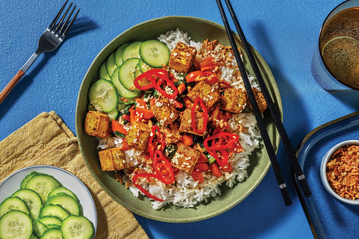 Crispy Asian Tofu, Chicken & Veggie Poke Bowl