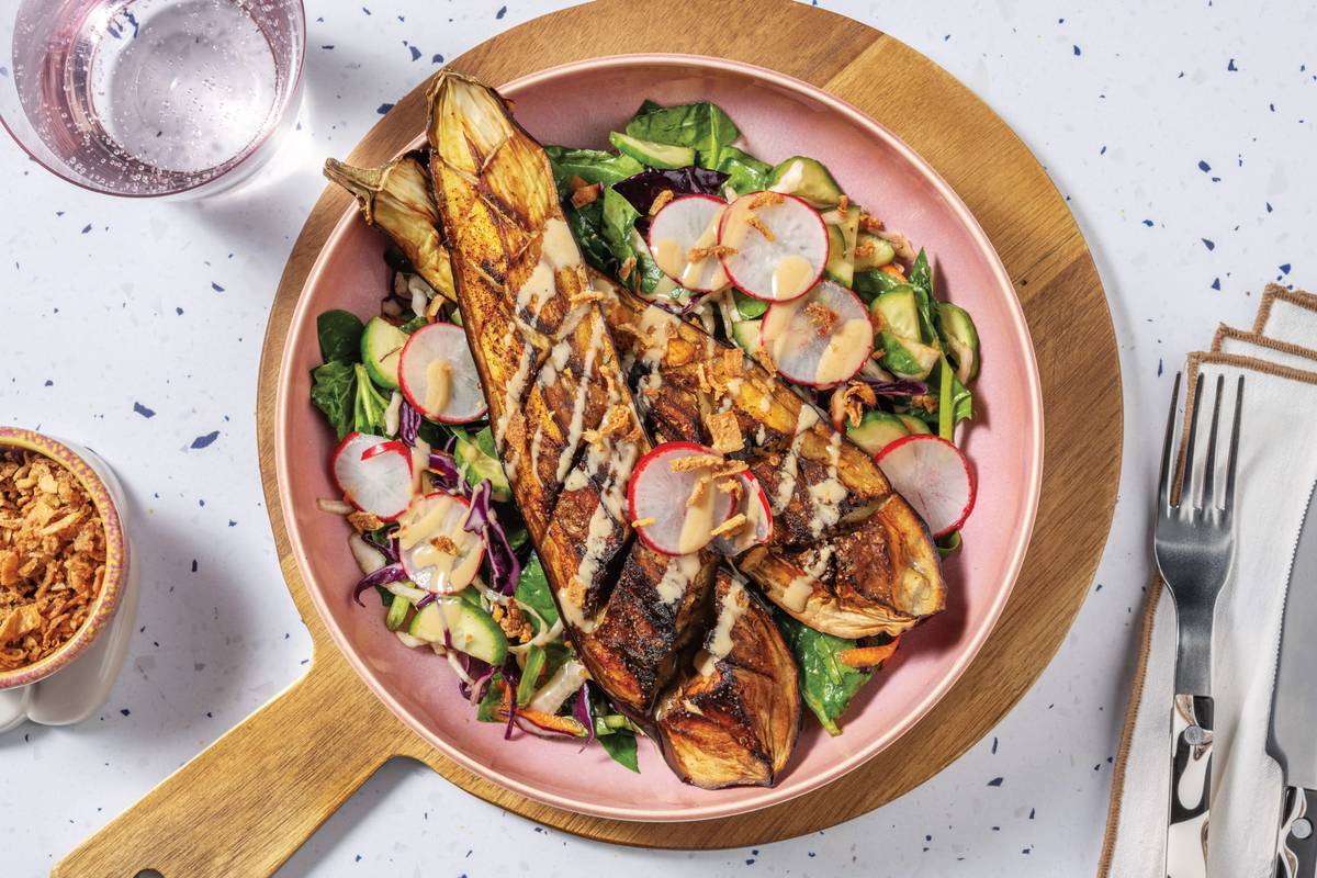 Sweet-Soy Eggplant, Halloumi & Cucumber Slaw