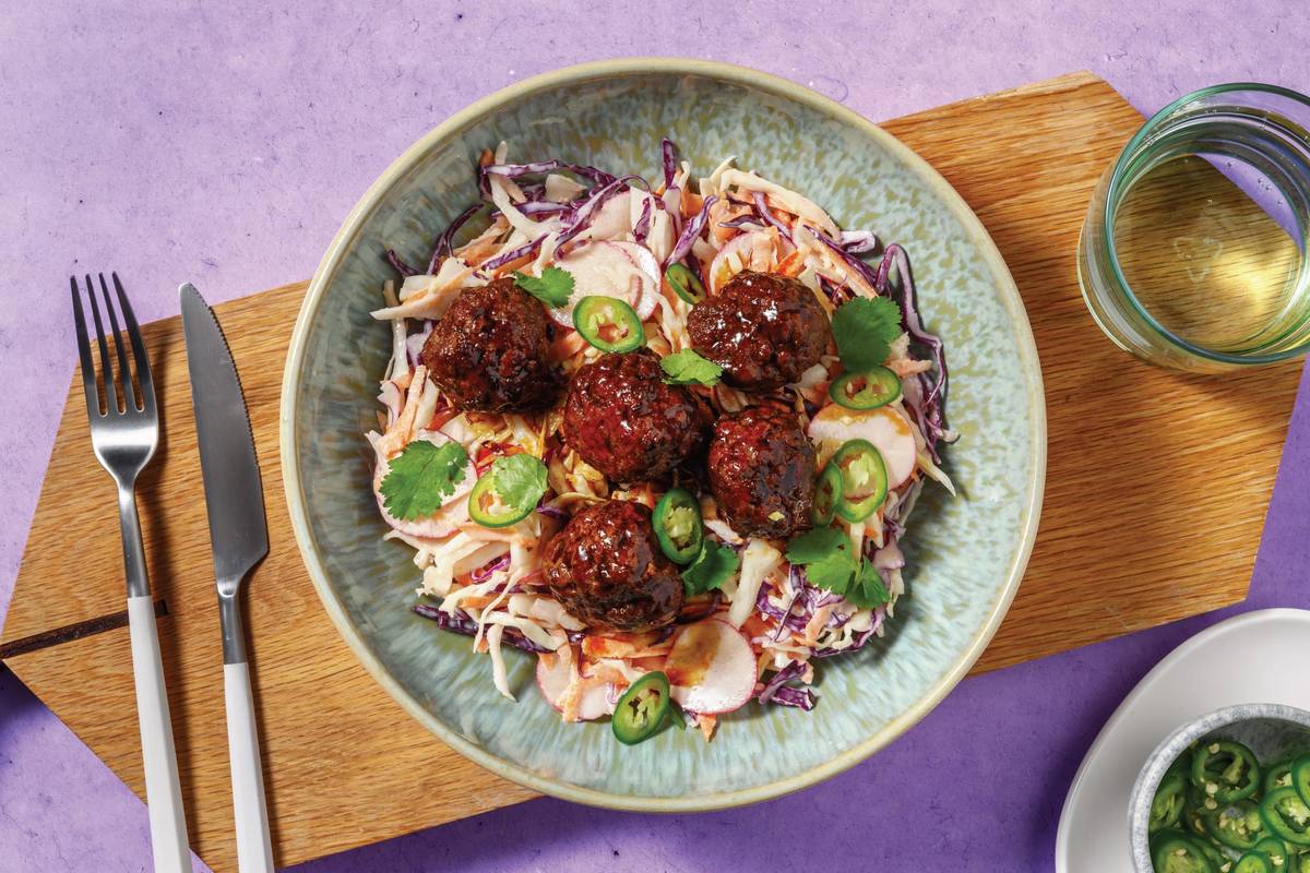Teriyaki-Ginger Pork Meatballs & Asian Slaw