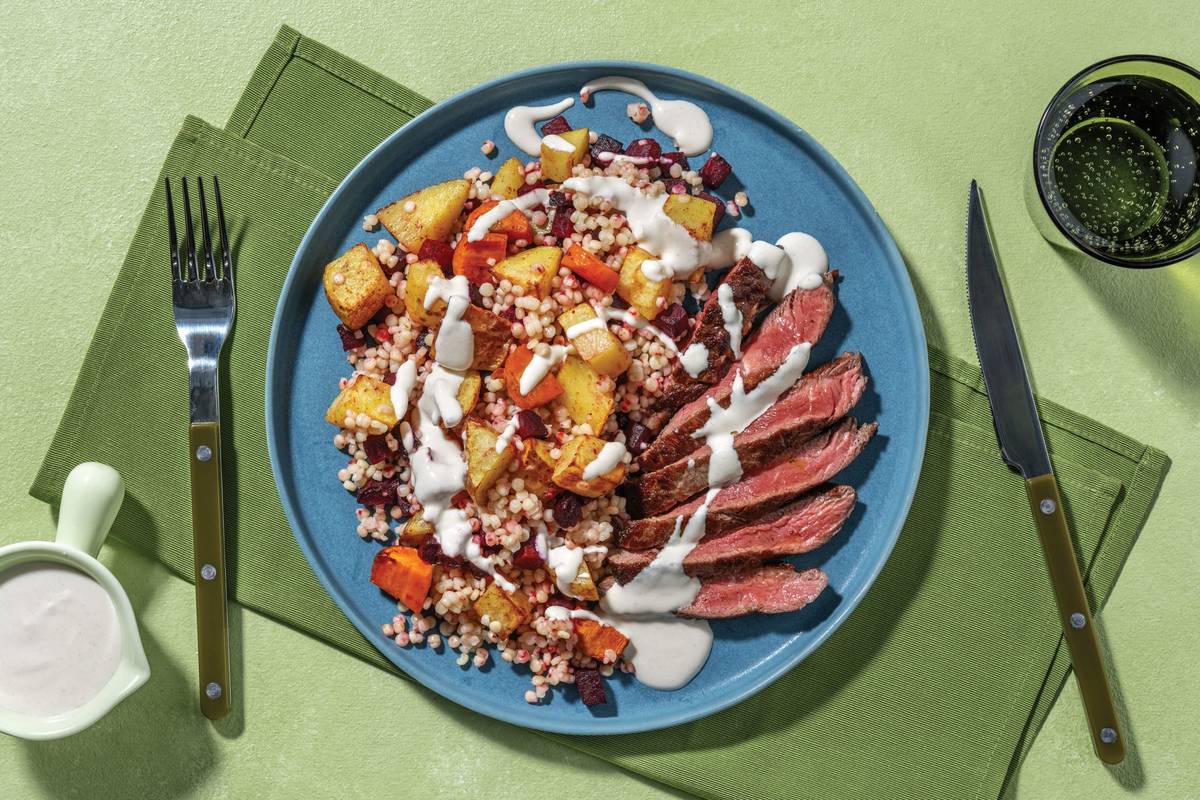 Seared Haloumi & Roast Veggie Pearl Couscous