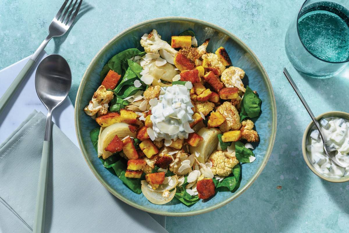 Apricot-Glazed Halloumi, Chicken Breast & Mumbai Veggie Toss