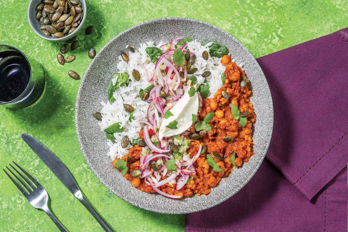 Mexican Smashed Chickpeas, Halloumi & Garlic Rice
